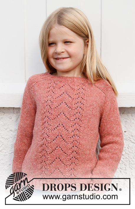 Sweet Begonia / DROPS Baby & Children 38-20 - Knitted sweater for children in DROPS Sky. The piece is worked top down, with lace pattern and saddle-shoulders. Sizes 3 – 14 years.
