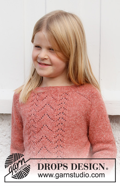 Sweet Begonia / DROPS Baby & Children 38-20 - Knitted sweater for children in DROPS Sky. The piece is worked top down, with lace pattern and saddle-shoulders. Sizes 3 – 14 years.