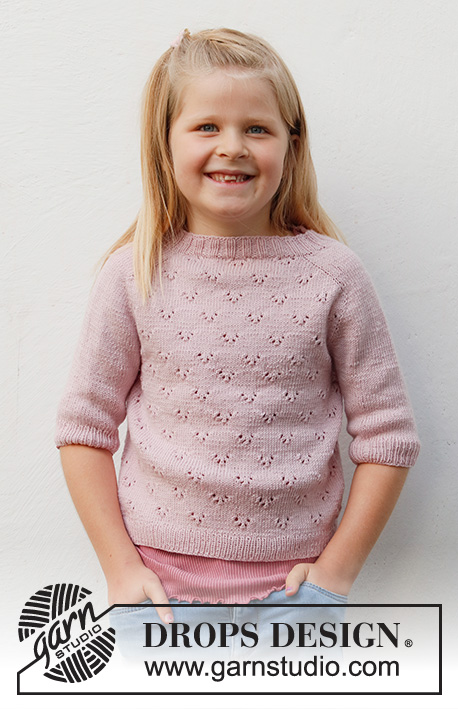 Pink Peony / DROPS Baby & Children 38-21 - Dětský pulovr se sedlovými rameny, ažurovým vzorem a krátkým rukávem pletený shora dolů z příze DROPS Baby Merino. Velikost 3-14 let.