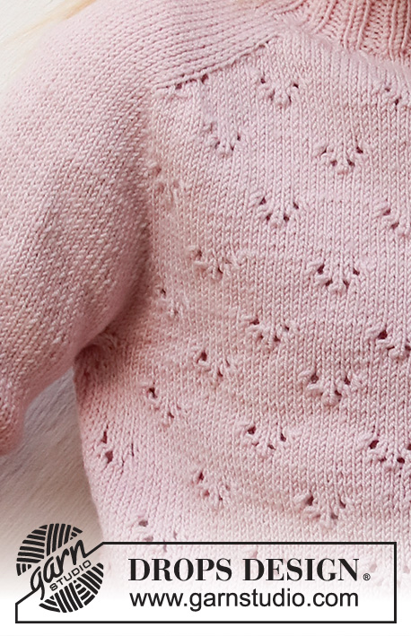 Pink Peony / DROPS Baby & Children 38-21 - Dětský pulovr se sedlovými rameny, ažurovým vzorem a krátkým rukávem pletený shora dolů z příze DROPS Baby Merino. Velikost 3-14 let.