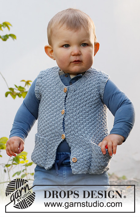 Neighbourhood Round / DROPS Baby & Children 38-6 - Knitted vest for baby and kids in DROPS Merino Extra Fine. Piece is knitted with V- neck and double moss stitch. Size 6 month - 8 years