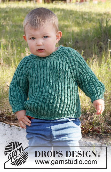 The Outdoors / DROPS Baby & Children 38-7 - Knitted jumper for baby and kids with raglan in DROPS Merino Extra Fine. Piece is knitted top down with English rib. Size 12 month - 10 years
