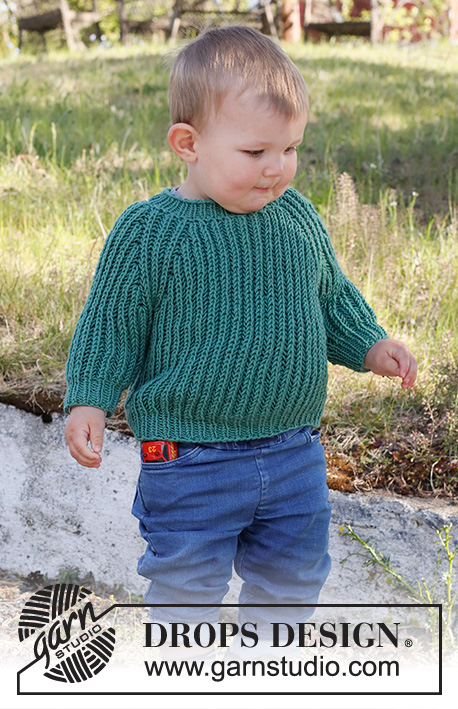 The Outdoors / DROPS Baby & Children 38-7 - Knitted jumper for baby and kids with raglan in DROPS Merino Extra Fine. Piece is knitted top down with English rib. Size 12 month - 10 years