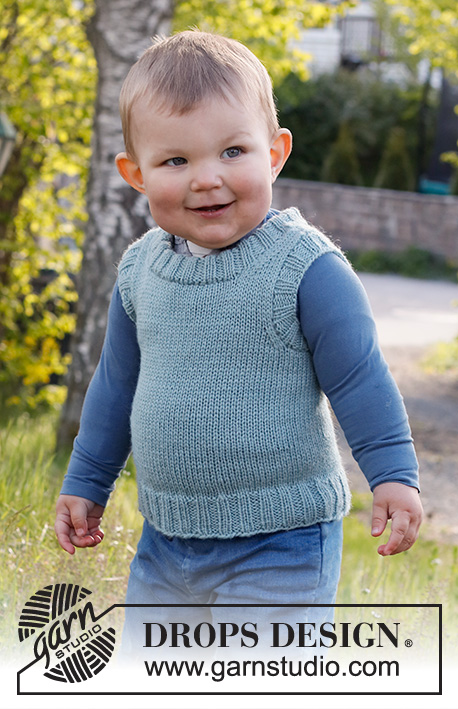 Gledesspreder / DROPS Baby & Children 38-8 - Pull sans manches tricoté pour bébé et enfant en DROPS Karisma, en jersey avec col doublé. Du 12 mois au 12 ans