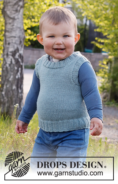 Gledesspreder / DROPS Baby & Children 38-8 - Pull sans manches tricoté pour bébé et enfant en DROPS Karisma, en jersey avec col doublé. Du 12 mois au 12 ans