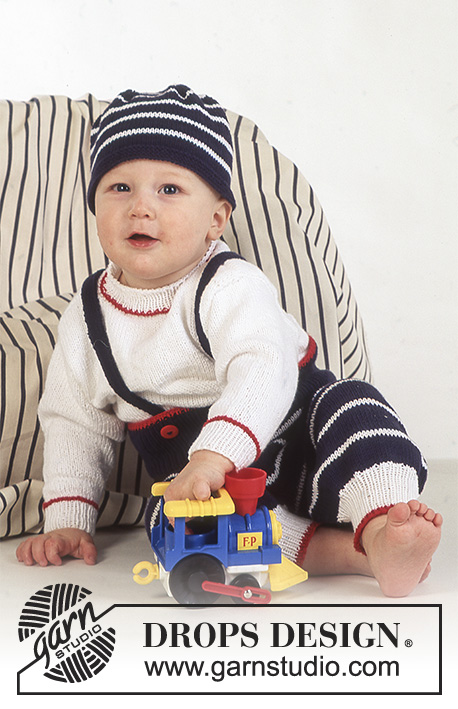 Petit Marin / DROPS Baby 4-11 - Strikket sett med genser, bukse og lue til baby og barn i DROPS Safran. Arbeidet strikkes med striper. Størrelse 3 mnd - 4 år. Tema: Maritim