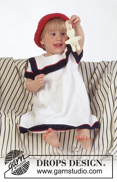 Sailor Girl / DROPS Baby 4-12 - Strikket og heklet sett med kjole og hatt til baby og barn i DROPS Safran. Kjolen strikkes med perlestrikk og hatt hekles. Størrelse 3 mnd - 4 år. Tema: Maritim
