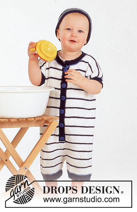 Seaside Summer / DROPS Baby 4-13 - DROPS jumpsuit and hat with stripes in “Safran”.