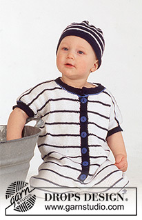 Seaside Summer / DROPS Baby 4-13 - DROPS jumpsuit and hat with stripes in “Safran”.