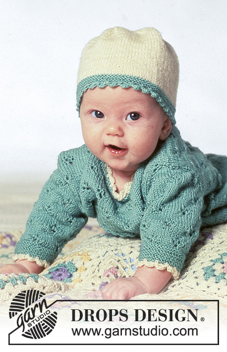 Hint of Mint / DROPS Baby 4-17 - Combinaison ou robe DROPS avec motif ajouré, Bonnet et Chaussons en BabyMerino