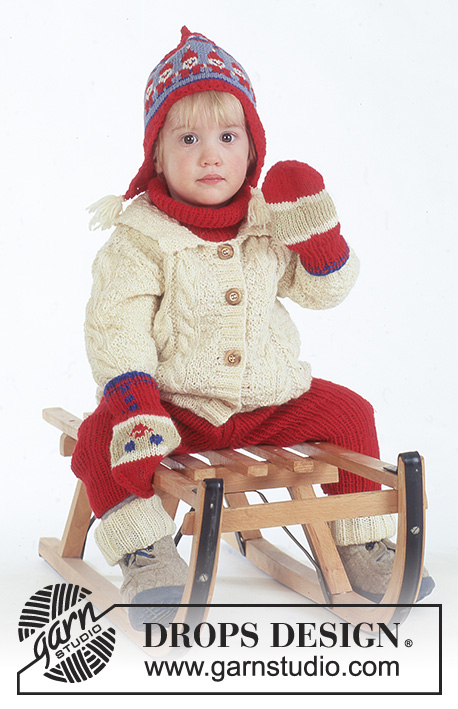 Santa's Slide / DROPS Baby 4-20 - Jacket with cable pattern, trousers, hat / santa hat, mittens, socks and neck warmer for baby & children in DROPS Karisma