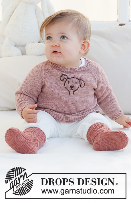 Woof Woof Sweater / DROPS Baby 42-1 - Pull tricoté de haut en bas pour bébé et enfant, avec emmanchures raglan et broderie chien, en DROPS BabyMerino. Du 0 au 4 ans.