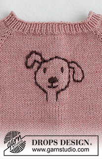 Woof Woof Sweater / DROPS Baby 42-1 - Gebreide trui voor baby’s en kinderen in DROPS BabyMerino. Het werk wordt van boven naar beneden gebreid met raglan en geborduurde hond. Maten 0 - 4 jaar.