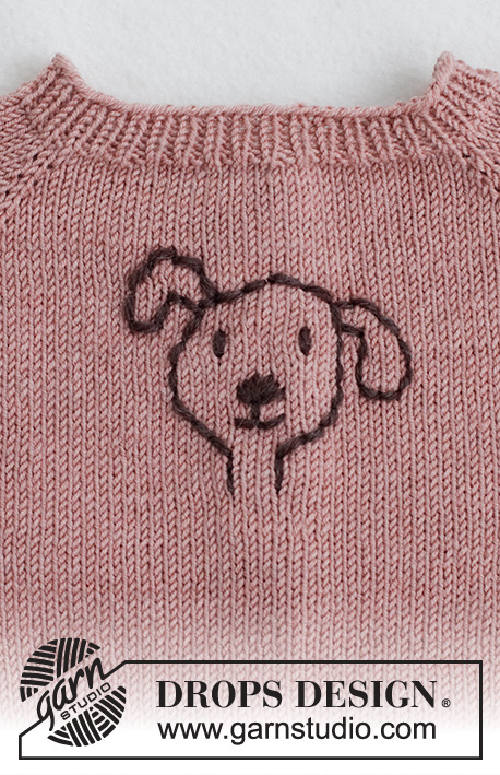 Woof Woof Sweater / DROPS Baby 42-1 - Vauvan ja lapsen ylhäältä alas neulottu pusero DROPS BabyMerino -langasta. Työssä on raglanlinjat ja kirjottu koirakuvio. Koot 0-4 vuotta.