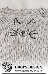 Meow Meow Sweater / DROPS Baby 42-2 - Pulôver tricotado de cima para baixo para bebé e criança, com cavas raglan e bordado de um gato, em DROPS Alpaca. Tamanhos: 0 - 4 anos.