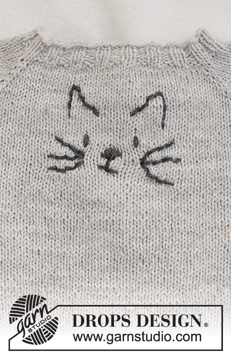 Meow Meow Sweater / DROPS Baby 42-2 - Pulôver tricotado de cima para baixo para bebé e criança, com cavas raglan e bordado de um gato, em DROPS Alpaca. Tamanhos: 0 - 4 anos.