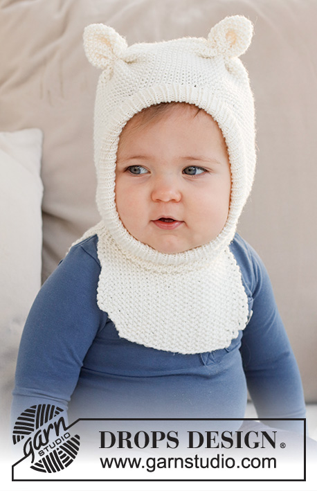 Sweet Teddy Balaclava / DROPS Baby 42-21 - DROPS Merino Extra Fine lõngast kootud kõrvadega pärlkoes müts 1 kuusele beebile kuni 4 aastasele lapsele