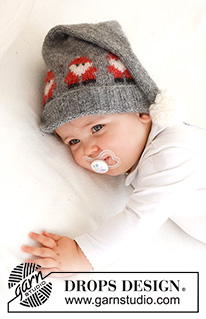 Merry Santas Hat / DROPS Baby 42-22 - Gestrickte Mütze für Babys in DROPS Air. Die Arbeit wird mit Weihnachtsmännern / Wichteln und Pompon gestrickt. Größe 0 - 2 Jahre. Thema: Weihnachten.