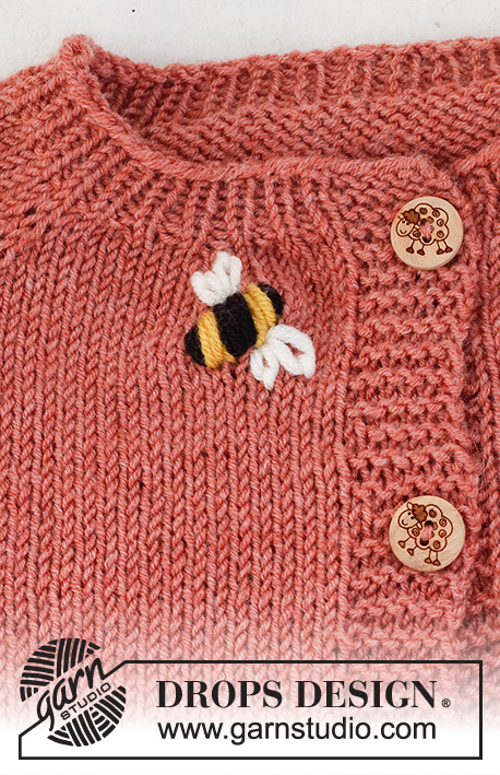 Little Bee Cardigan / DROPS Baby 42-4 - Stickad kofta till baby och barn i DROPS BabyMerino. Arbetet stickas uppifrån och ner med raglan och broderat bi. Storlek 0 - 4 år.