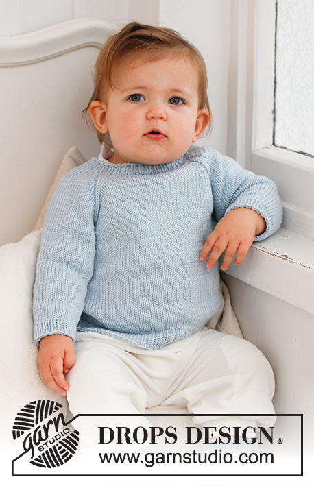 Dream in Blue / DROPS Baby 42-5 - Strikket bluse til baby og børn i DROPS Merino Extra Fine. Arbejdet strikkes oppefra og ned med raglan. Størrelse 0 - 4 år.