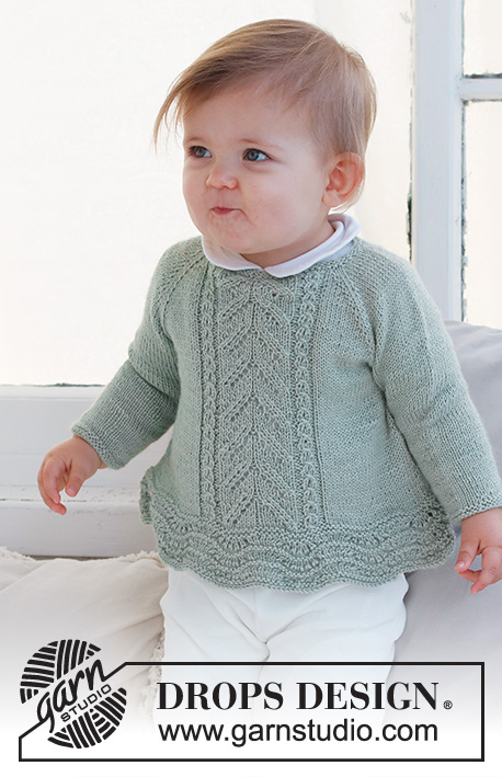 Sweet Ivy / DROPS Baby 42-7 - Pulôver tricotado de cima para baixo para bebé e criança, com cavas raglan, ponto de ondas e ponto rendado, em DROPS Safran. Tamanhos: 0 - 6 anos.