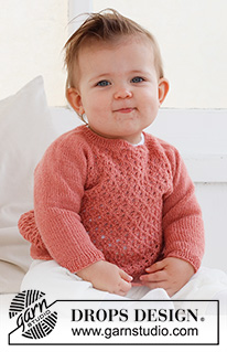Cotswolds Sweater / DROPS Baby 43-1 - Vauvan ja lapsen ylhäältä alas neulottu pusero DROPS Flora-langasta. Työssä on raglanlinjat ja pitsineuletta. Koot 0-2 vuotta.