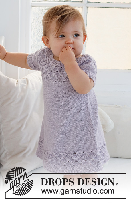 Bellflower Dress / DROPS Baby 43-11 - Knitted dress for babies and children in DROPS Alpaca. The piece is worked top down, with round yoke and lace pattern. Sizes 0 - 4 years.