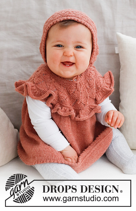 Sweet Primrose Dress / DROPS Baby 43-15 - Robe tricotée de haut en bas pour bébé avec empiècement arrondi, point ajouré et volant sur l'empiècement, en DROPS Alpaca. Du 0 – 6 ans.