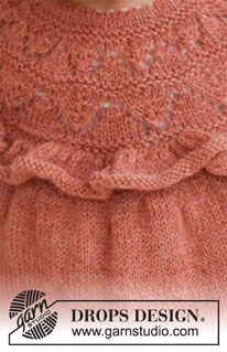 Sweet Primrose Dress / DROPS Baby 43-15 - Gebreide jurk voor baby’s en kinderen in DROPS Alpaca. Het werk wordt van boven naar beneden gebreid met ronde pas, kantpatroon en ruche op de pas. Maten 0 – 6 jaar.