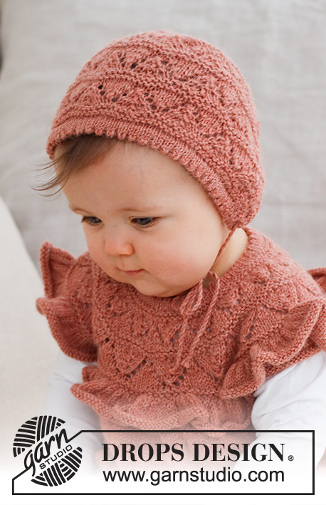 Sweet Primrose Bonnet / DROPS Baby 43-16 - Czapka na drutach dla niemowląt i małych dzieci, z włóczki DROPS Alpaca, ściegiem ażurowym. Od 0 do 2 lat.