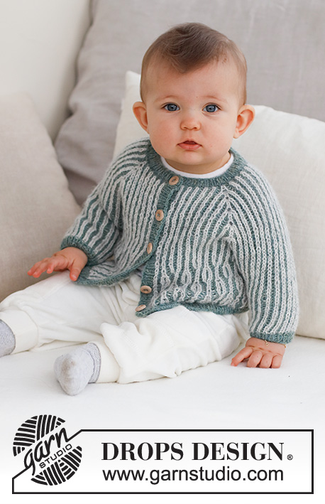 Harbour Highlights Cardigan / DROPS Baby 43-18 - Knitted jacket for babies and children in DROPS Alpaca. The piece is worked top down with raglan and 2-colored English rib. Sizes 0 – 4 years.