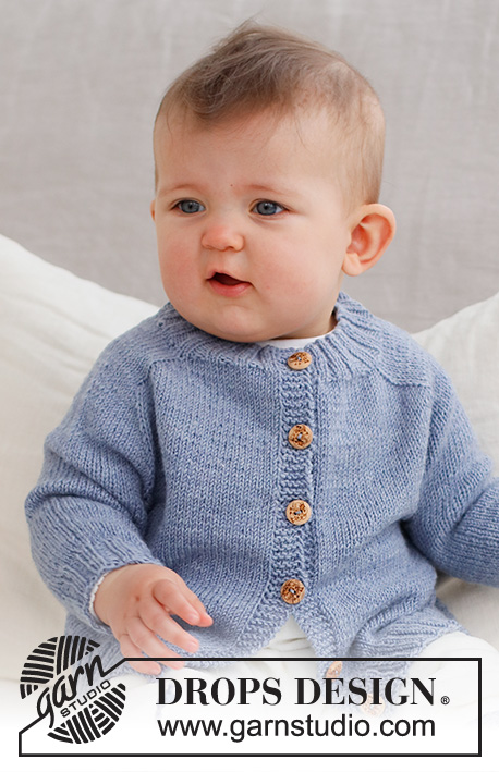Blue Pebbles Cardigan / DROPS Baby 43-3 - Gilet tricoté de haut en bas pour bébé, avec manches marteau, en DROPS BabyMerino. De la taille préma au 2 ans.