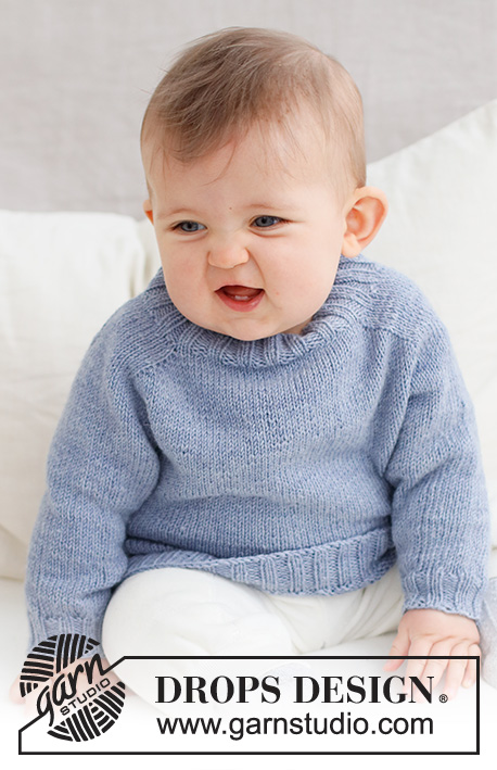 Blue Pebbles / DROPS Baby 43-4 - Gebreide trui voor baby’s in DROPS BabyMerino. Het werk wordt van boven naar beneden gebreid met zadelschouders. Maten: Prematuur tot 2 jaar.