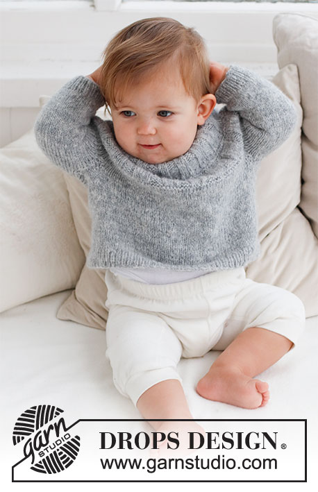 Sweet Gleam / DROPS Baby 43-5 - Strikket genser til baby i DROPS Sky. Arbeidet strikkes ovenfra og ned med rundfelling og vrangbord på bærestykket. Størrelse Prematur til 2 år.