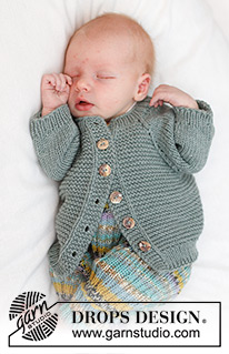 Dream Plan Cardigan / DROPS Baby 45-1 - Dětský a baby raglánový propínací svetr pletený vroubkovým vzorem a lícovým žerzejem shora dolů z příze DROPS Merino Extra Fine. Velikost 0 až 4 let.