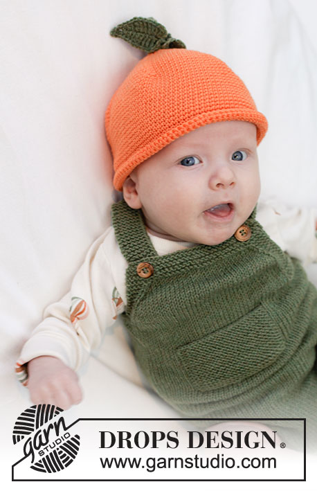 Sweet Tangerine Hat / DROPS Baby 45-11 - Vauvan ylhäältä alas virkattu appelsiini- / mandariinimyssy DROPS Baby Merino -langasta. Työssä on varsi ja lehtiä. Koot 0 - 4 vuotta.