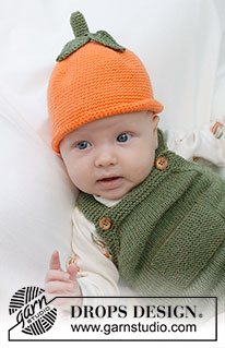 Sweet Tangerine Hat / DROPS Baby 45-11 - Vauvan ylhäältä alas virkattu appelsiini- / mandariinimyssy DROPS Baby Merino -langasta. Työssä on varsi ja lehtiä. Koot 0 - 4 vuotta.