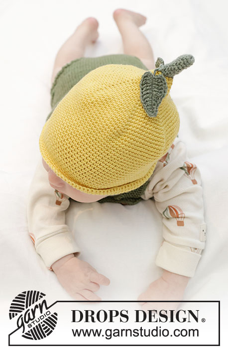 Sweet Lemon Hat / DROPS Baby 45-12 - Hekluð sítrónu húfa fyrir börn úr DROPS BabyMernio. Stykkið er heklað ofan frá og niður eins með stilk og blöðum. Stærð 0 - 4 ára.