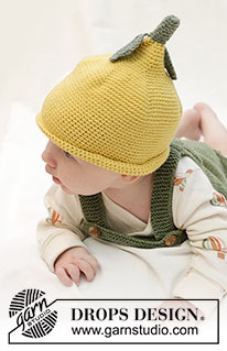 Sweet Lemon Hat / DROPS Baby 45-12 - Vauvan ylhäältä alas virkattu sitruunamyssy DROPS Baby Merino -langasta. Työssä on varsi ja lehtiä. Koot 0 - 4 vuotta.