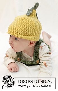 Sweet Lemon Hat / DROPS Baby 45-12 - Hæklet citron hue til baby i DROPS BabyMerino. Arbejdet hækles oppefra og ned som en citron med stilk og blade. Størrelse 0 - 4 år.