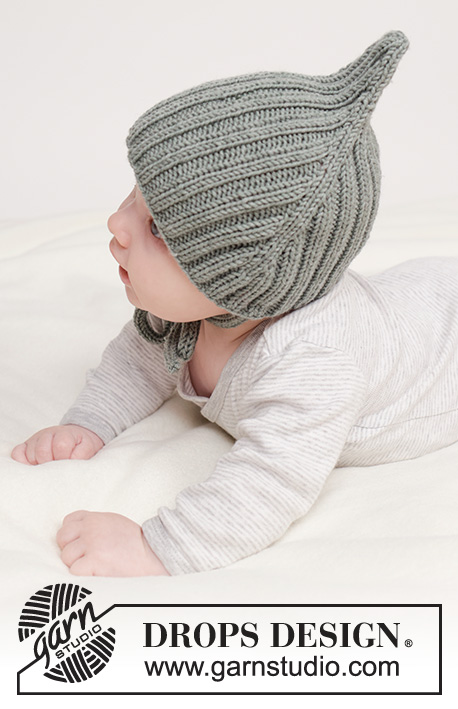 Forest Pixie Hat / DROPS Baby 45-4 - Cappello lavorato a maglia per neonati e bambini in DROPS Merino Extra Fine. Lavorato dall’alto in basso a coste. Taglie: 0 - 4 anni.