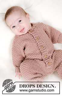 Lili Rose / DROPS Baby 45-5 - Dětský overal pletený perličkovým vzorem shora dolů z příze DROPS BabyMerino. Velikost 0 až 4 let.