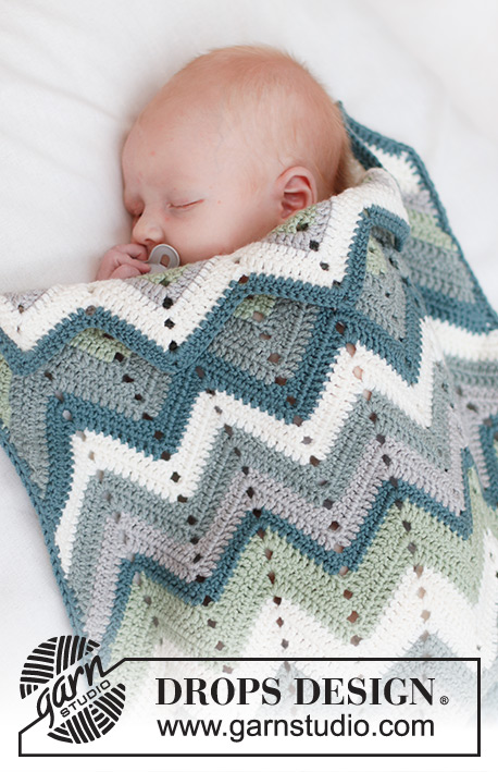 Green Spring Blanket / DROPS Baby 46-15 - Virkattu vauvanpeitto DROPS Merino Extra Fine -langasta. Työssä on siksak-kuvioita.
