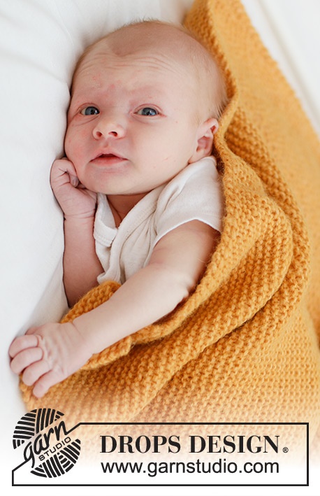 Marigold Dreams Blanket / DROPS Baby 46-6 - Coperta da neonati lavorata ai ferri in DROPS Air. Lavorata a maglia legaccio, da angolo ad angolo. Tema: Coperta per bambini.