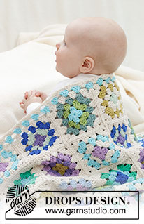 Garden Squares Blanket / DROPS Baby 46-7 - Couverture bébé crochetée  avec carrés granny, en DROPS Paris.