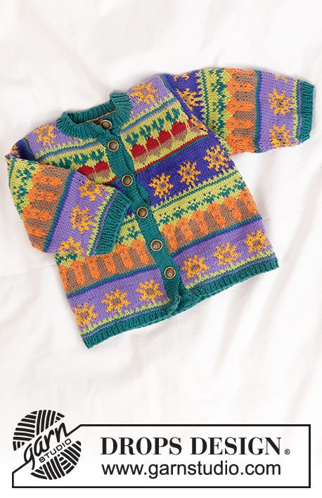 Garden Nap / DROPS Baby 6-12 - Gilet tricoté avec jacquard DROPS en Safran.