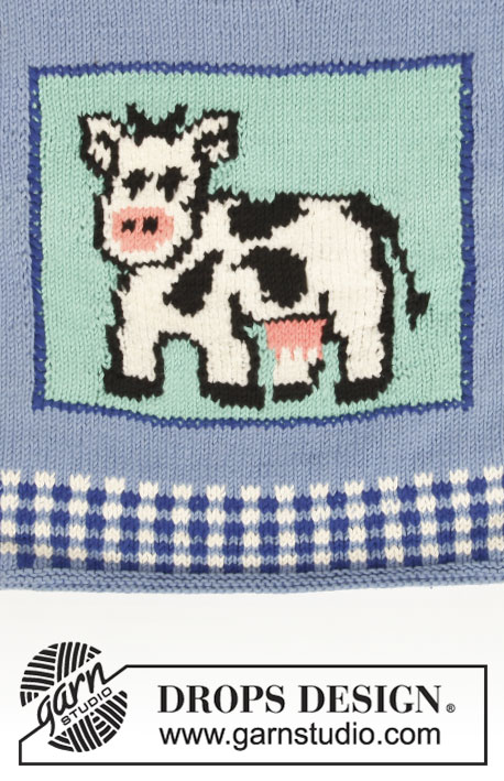 Moo / DROPS Baby 6-24 - Pulli in ”Muskat Soft” mit Kuh, Streifen und Karos. Decke in ”Muskat Soft”.
