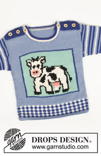 Moo / DROPS Baby 6-24 - Pulli in ”Muskat Soft” mit Kuh, Streifen und Karos. Decke in ”Muskat Soft”.