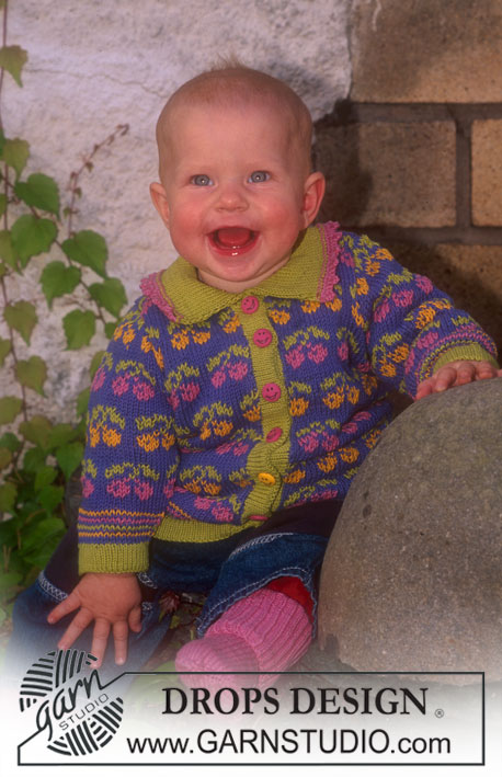 Fruity Little Number / DROPS Baby 6-9 - DROPS Baby’s knitted jacket in Safran with cherries.
