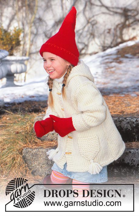 Elf Warmers / DROPS Children 12-23 - Strikket jakke til barn i DROPS Snow. Arbeidet strikkes med hette og lommer med riller og dusker. Størrelse 3 - 14 år.